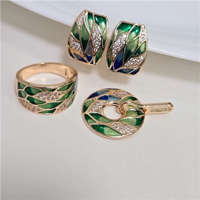 Комплект ювелирной бижутерии коллекция "Дубай" серьги, кулон и кольцо 17 р, покрытие позолота, вставка: эмаль и фианиты, цвет: зеленый, синий и прозрачный, арт.313.270-17