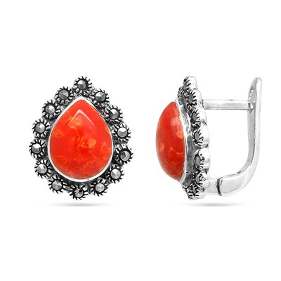 Серьги из серебра коралл, марказит, SL-AGA80