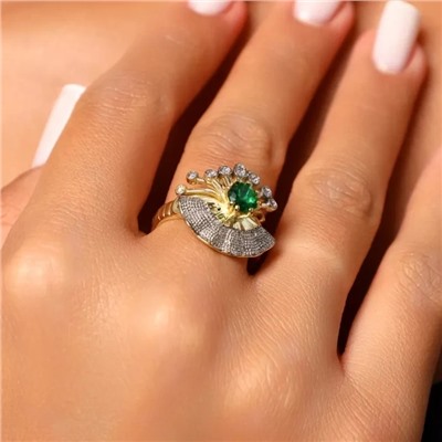 Кольцо 17 р ювелирная бижутерия Итальянское золото (покрытие желтое 14к), вставка: фианиты, цвет: прозрачный и зеленый, арт.313.377-17