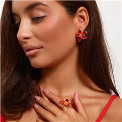 Комплект ювелирной бижутерии Итальянское золото (покрытие желтое 14к), серьги и кольцо 20 р, вставка: витражная эмаль красного цвета, арт.313.135-20