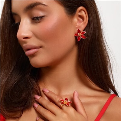 Комплект ювелирной бижутерии Итальянское золото (покрытие желтое 14к), серьги и кольцо 20 р, вставка: витражная эмаль красного цвета, арт.313.135-20