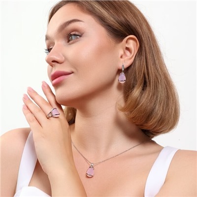 Комплект ювелирная бижутерия серьги, кулон и кольцо 20 р, покрытие: посеребрение, вставка: фианит, цвет: розовый матовый, арт.313.066-20