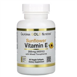 California Gold Nutrition, Витамин E из подсолнечника со смешанными токоферолами, 400 МЕ, 90 растительных мягких таблеток