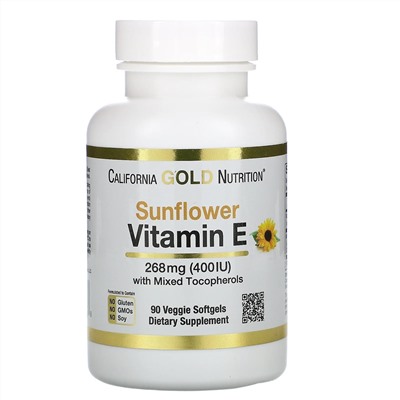 California Gold Nutrition, Витамин E из подсолнечника со смешанными токоферолами, 400 МЕ, 90 растительных мягких таблеток
