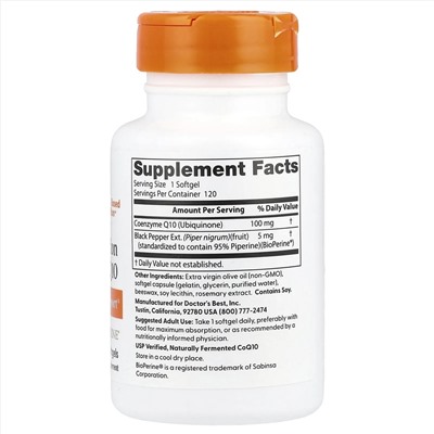 Doctor's Best, коэнзим Q10 с высокой степенью всасывания с BioPerine, 100 мг, 120 капсул