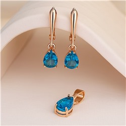 Комплект ювелирной бижутерии коллекция "Дубай" серьги и кулон, покрытие позолота, вставка: фианиты, цвет: голубой, арт.314.970