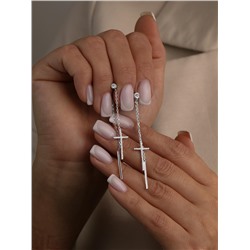 Серьги-пусеты гвоздики кресты из серебра с фианитами родированные (2 в 1) 925 пробы 12-1026р