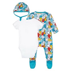 Комплект детский трикотажный для мальчиков: боди, комбинезон, нагрудник, чепчик