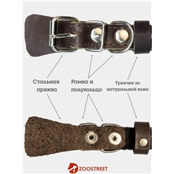 Ошейник, 35×1.5 см, с подкладом и светоотражающей лентой, кожа, коричневый