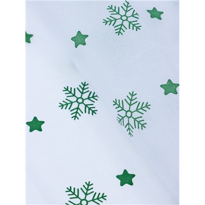 Бумага упаковочная новогодняя тишью «Снежинки со звездами», зелёный, 50×66 см