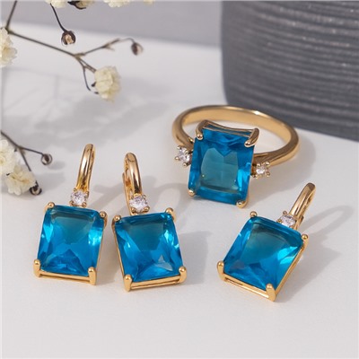 Комплект ювелирной бижутерии коллекция "Дубай" серьги, кулон и кольцо 18 р, покрытие позолота,  вставка: фианиты и цирконы, цвет: голубой и прозрачный, арт.217.365-18