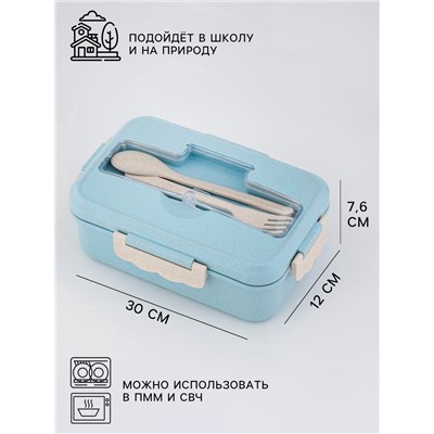 Ланч-бокс в школу TAKE IT EASY, 800 мл, с приборами, 12×7.6×20 см, пшеничная солома, голубой