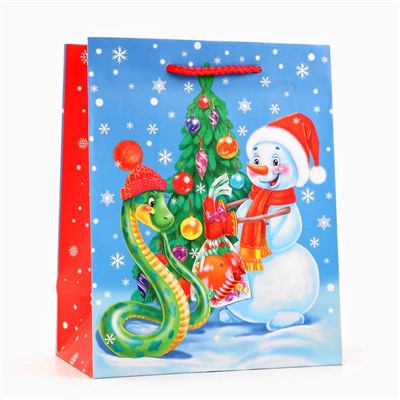 Пакет новогодний подарочный ламинированный «Змейка и снеговик», упаковка, 18×22.3×10 см