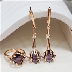Комплект ювелирной бижутерии коллекция "Дубай" серьги и кольцо 20 р, покрытие позолота, вставка: стекло, цвет: фиолетовый, арт.414.180-20