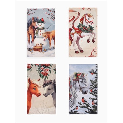 Набор кухонных полотенец «Этель. Лошадки», новогодний, 4 шт., 34×60 см