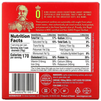 King Oscar, Sardines In Extra Virgin Olive Oil With Sliced Spanish Manzanilla Olives, 3.75 oz ( 106 g)