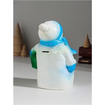 Копилка для денег «Снеговик новогодний с подарком», гипс, 19 см, голубой