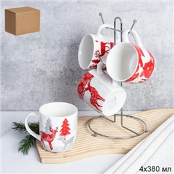Кружка 4 штуки на металлстенде 380 мл / H012 /кружка новогодняя/ в гофрокоробе