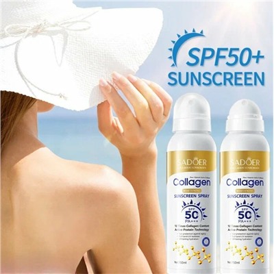 (НЕМНОГО ПОДТЕКШИЙ) Солнцезащитный спрей для лица и тела с Коллагеном SPF50 Sadoer, 150 мл.