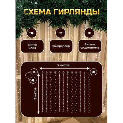 Гирлянда новогодняя светодиодная штора, занавеска "Роса мишура" 3х3 м, с пультом, 8 режимов , цвет теплый