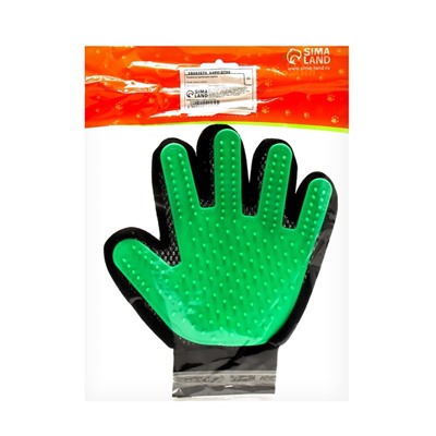 Перчатка-щетка для шерсти, на левую руку, с удлинёнными зубчиками, из неопрена, зелёная