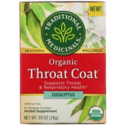 Traditional Medicinals, Organic Throat Coat, Eucalyptus, Caffeine Free, 16 Wrapped Tea Bags, .99 oz (28 g)