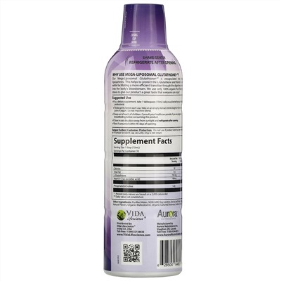 Aurora Nutrascience, Mega-Liposomal Glutathione+, с витамином C, органический фруктовый вкус, 750 мг, 480 мл (16 жидк. унций)
