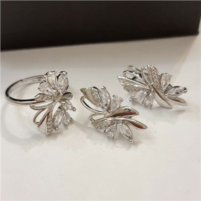 Комплект ювелирная бижутерия, серьги и кольцо посеребрение, камни цвет белый, р-р 19, 76168, арт.414.400-19