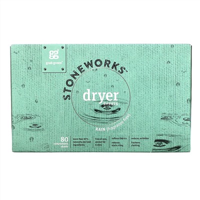 Grab Green, Stoneworks, Dryer Sheets Rain,  80 Compostable Sheets