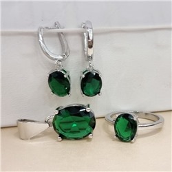 Комплект ювелирной бижутерии коллекция "Дубай" серьги, кулон и кольцо 20 р покрытие посеребрение, вставка: стекло, цвет: зеленый, арт.215.622-20