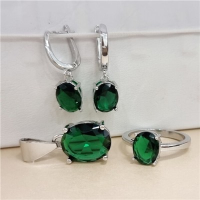 Комплект ювелирной бижутерии коллекция "Дубай" серьги, кулон и кольцо 19 р покрытие посеребрение, вставка: стекло, цвет: зеленый, арт.215.622-19