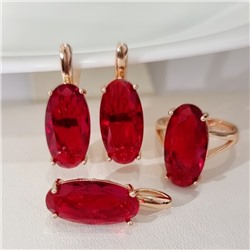 Комплект ювелирной бижутерии коллекция "Дубай" серьги, кулон и кольцо 19 р, покрытие позолота, вставка: фианит, цвет: красный, арт.314.904-19