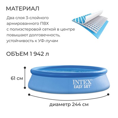 Бассейн надувной INTEX Easy Set 28108NP, 244×61 см, 1942 л, фильтр-насос 1250 л/ч, от 6 лет, круглый