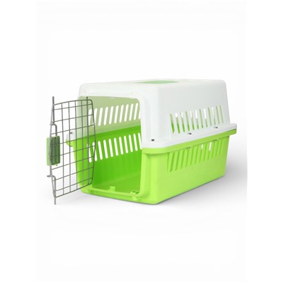 Переноска для животных, 49×31×31 см, с металлической дверью, пластик, белая, зелёная