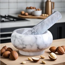 Ступка с пестиком, 130 мл, d=7.5 см, h=5.5 см, пестик 12 см, камень, белая