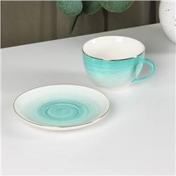 Чайная пара Доляна «Млечный путь», 2 предмета: чашка 220 мл, блюдце d=13.5 см, фарфор, бирюзовая