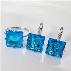 Комплект ювелирная бижутерия серьги и кольцо 18 р, покрытие: посеребрение, вставка: фианиты, цвет: голубой, арт.215.452-18