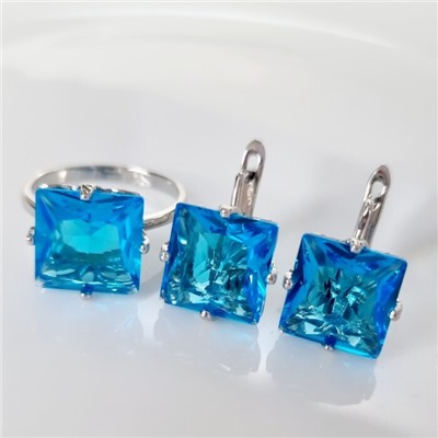 Комплект ювелирная бижутерия серьги и кольцо 18 р, покрытие: посеребрение, вставка: фианиты, цвет: голубой, арт.215.452-18