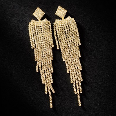 Серьги длинные женские вечерние со стразами, цвет: золотистый и прозрачный, арт.012.052