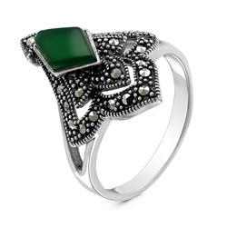 Кольцо из чернёного серебра с нат.зелёным агатом и марказитами 925 пробы HR-1249а