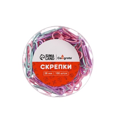 Скрепки 28 мм пастель в пластиковой тубе 100 штук