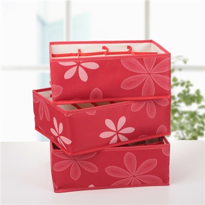 Набор органайзеров для хранения белья «Листочки», 3 шт., 32×24×12 см, цвет красный