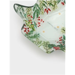 Блюдо новогоднее сервировочное Доляна «Еловые ветки», 17.7×18.5×3.5 см, стекло, белое, зелёное