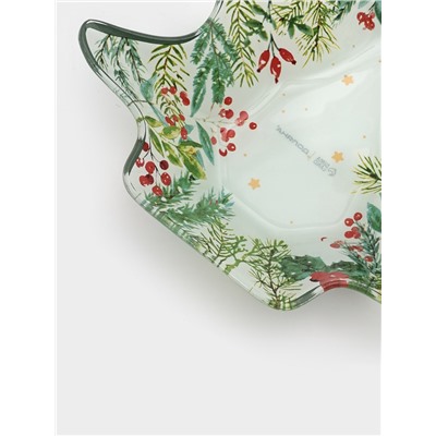 Блюдо новогоднее сервировочное Доляна «Еловые ветки», 17.7×18.5×3.5 см, стекло, белое, зелёное