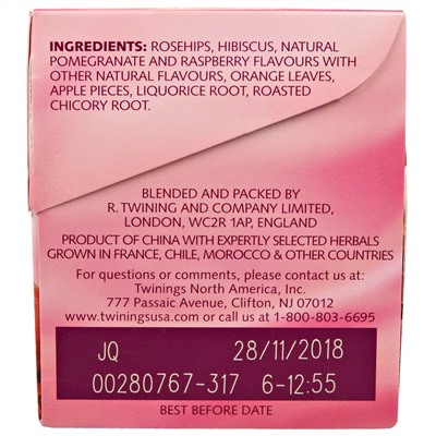 Twinings, травяной чай, гранат и малина, без кофеина, 20 чайных пакетиков, 40 г (1,41 унции)