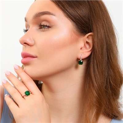 Комплект ювелирная бижутерия с квадратным камнем коллекция  "Дубай" серьги и кольцо 18 р, покрытие: позолота, вставка: фианиты, цвет: прозрачный и зеленый, арт.213.788-18