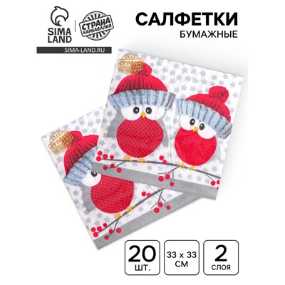 Салфетки новогодние бумажные «Совушки в шапочках», 33×33 см, набор 20 шт.