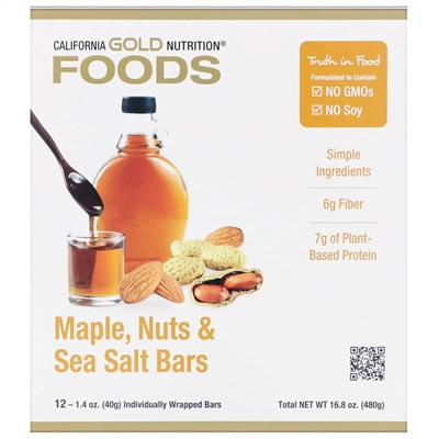 California Gold Nutrition, Перекусы. Батончики с кленовым сиропом, орехами и морской солью, 12 шт., 40 г (1,4 унции) каждый