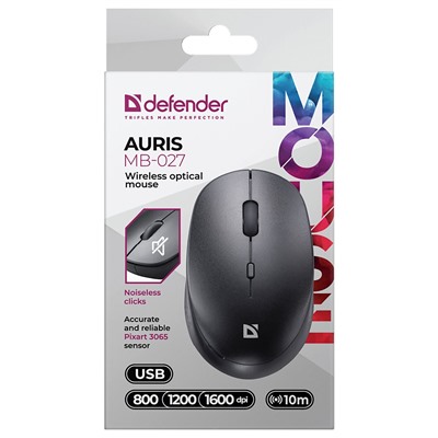 Мышь оптическая беспроводная Defender Auris MB-027 беззвучная (grey)