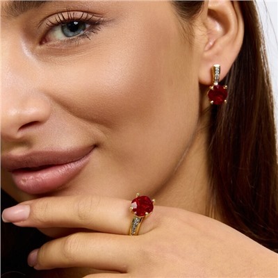 Комплект ювелирной бижутерии Итальянское золото (покрытие желтое 14к) серьги и кольцо 19 р, вставка: фианиты и цирконы, цвет: красный и прозрачный, арт.217.382-19